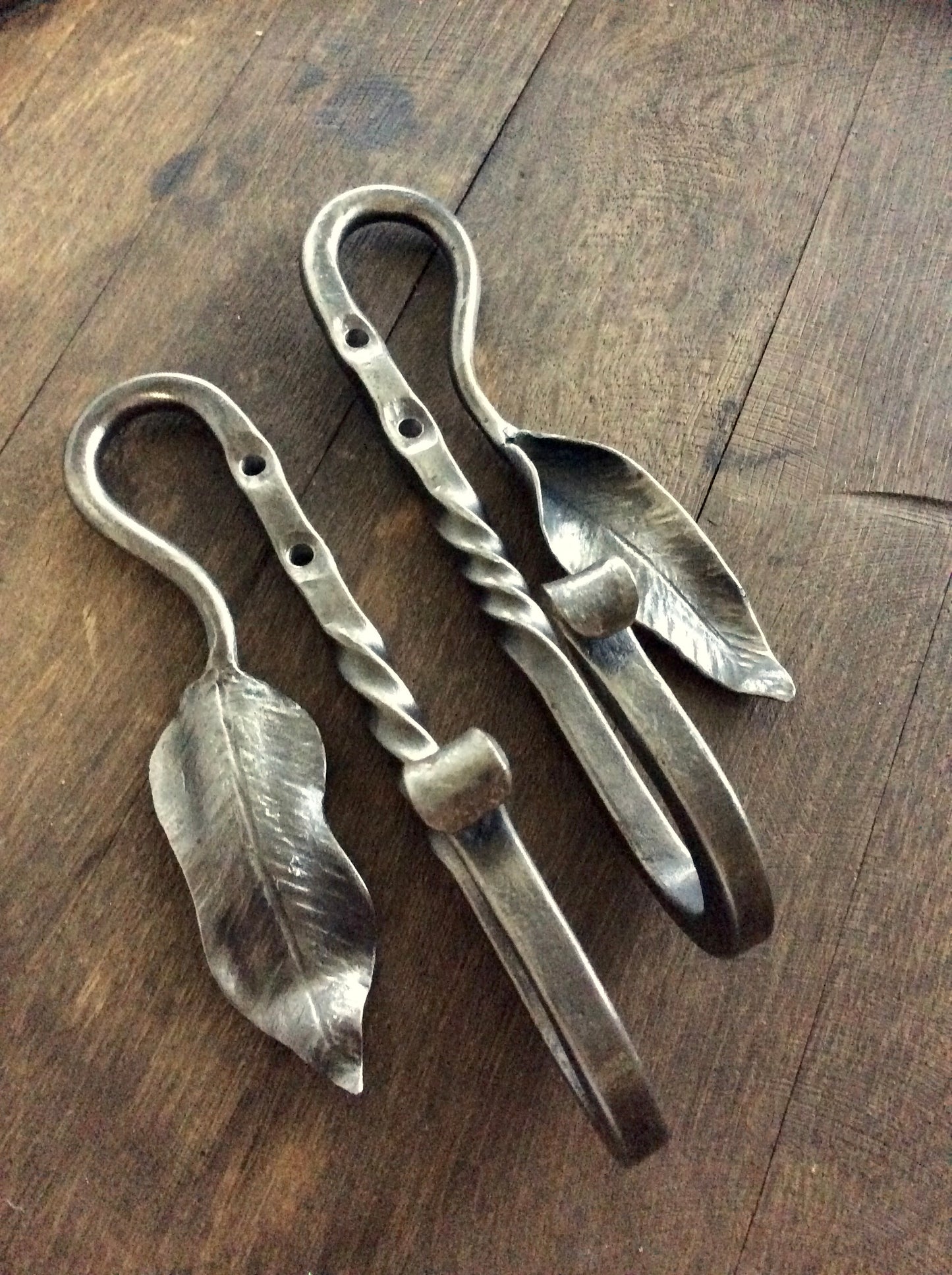 Set of 2 Hand Forged Wall Hooks with Hammered Leaves